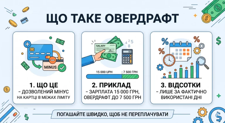 Що таке овердрафт простими словами: як працює, відсотки і приклад - інфографіка