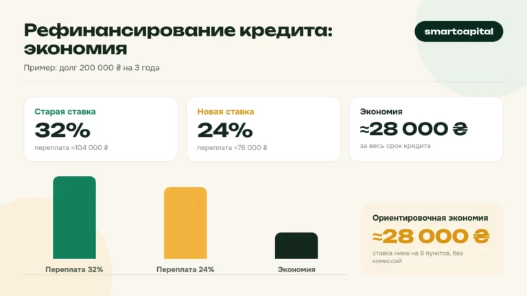 Рефинансирование кредита: экономия. Пример: долг 200 000 ₴ на 3 года