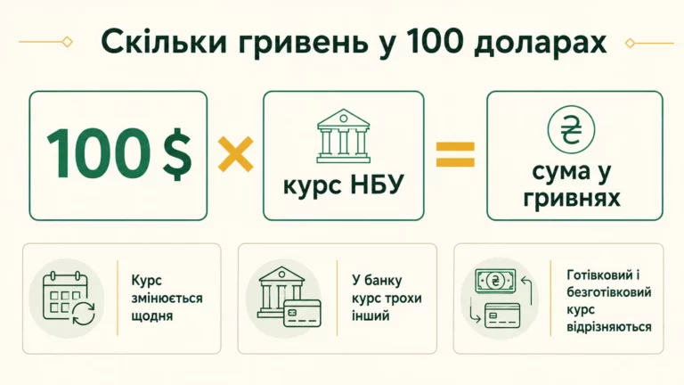Скільки гривень у 100 доларах: 100 доларів помножити на курс НБУ; курс змінюється щодня і відрізняється у банку та готівковий