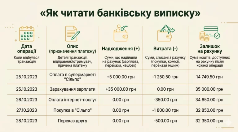 Як читати банківську виписку: дата, опис, надходження, витрата, залишок на рахунку