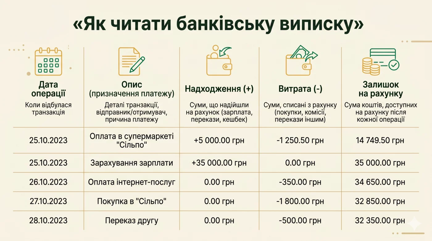 Как читать банковскую выписку: дата, описание, поступление, расход, остаток на счете