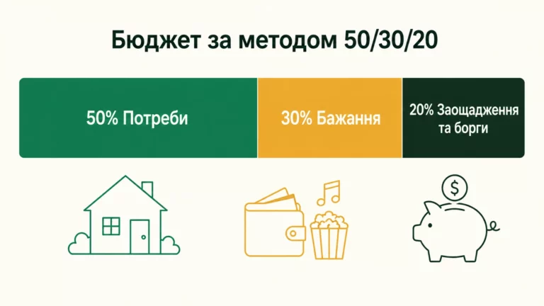 Бюджет за методом 50/30/20: 50% на потреби, 30% на бажання, 20% на заощадження та борги