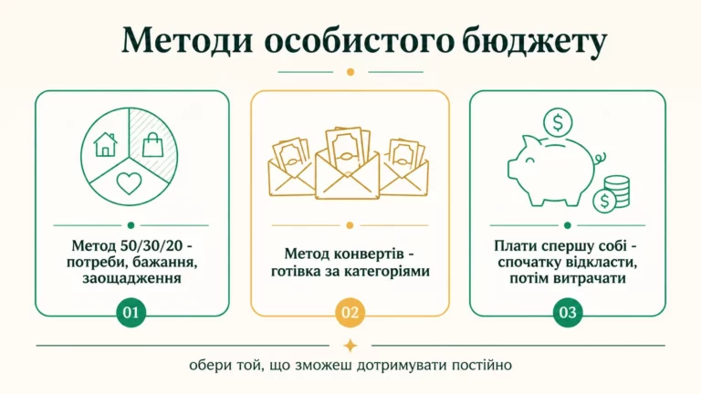 Три методи особистого бюджету: 50/30/20, метод конвертів, плати спершу собі