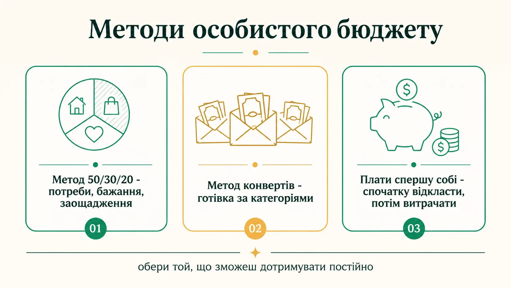 Три метода личного бюджета: 50/30/20, метод конвертов, заплати сначала себе