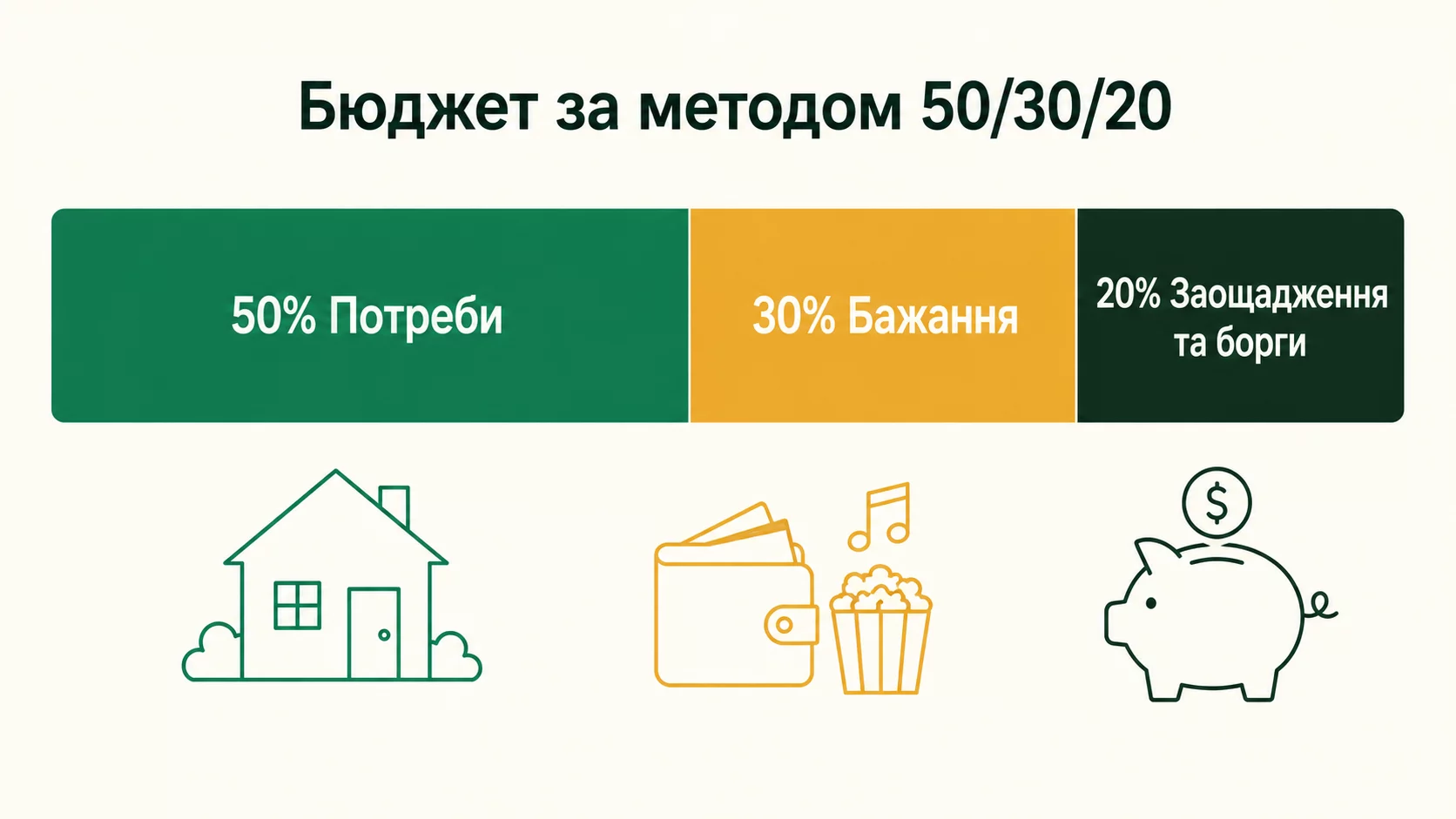 Бюджет по методу 50/30/20: 50% на потребности, 30% на желания, 20% на сбережения и долги