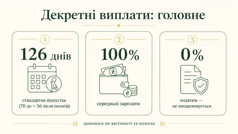 Декретні виплати: 126 днів відпустки, 100% середньої зарплати, не оподатковуються