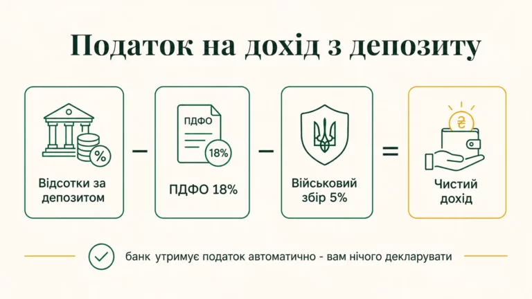 Податок на дохід з депозиту: з відсотків утримують ПДФО 18 відсотків і військовий збір 5 відсотків, банк робить це автоматично