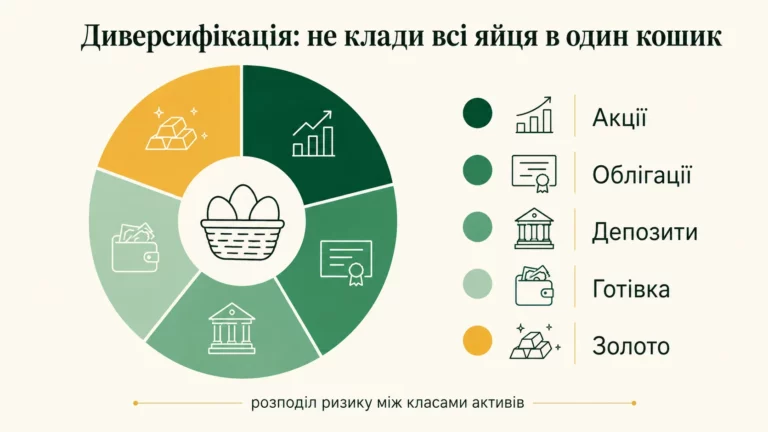 Диверсифікація портфеля між класами активів: акції, облігації, депозити, готівка, золото