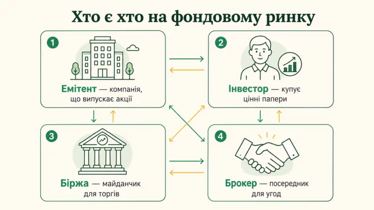 Учасники фондового ринку: емітент випускає акції, інвестор купує, біржа надає майданчик, брокер є посередником