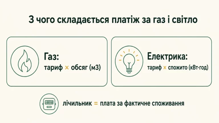 З чого складається платіж за газ і світло: газ це тариф помножити на обсяг у кубометрах, електрика це тариф помножити на спожиті кіловат-години