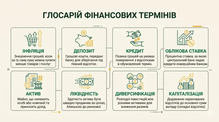 Глосарій фінансових термінів: інфляція, депозит, кредит, облікова ставка, актив, ліквідність