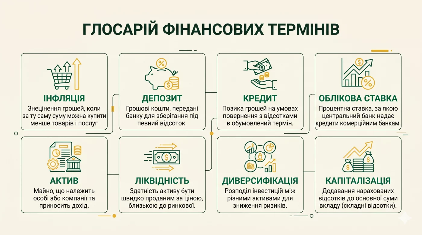 Глоссарий финансовых терминов: инфляция, депозит, кредит, учётная ставка, актив, ликвидность