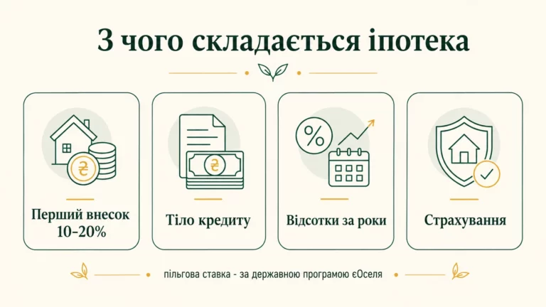 З чого складається іпотека: перший внесок 10-20 відсотків, тіло кредиту, відсотки за роки, страхування; пільгова ставка за програмою єОселя