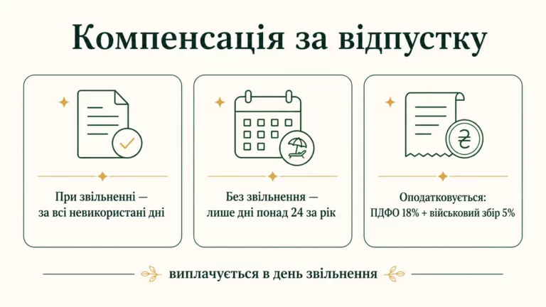 Компенсація за відпустку: при звільненні за всі дні, без звільнення лише понад 24 дні, оподатковується ПДФО і військовим збором