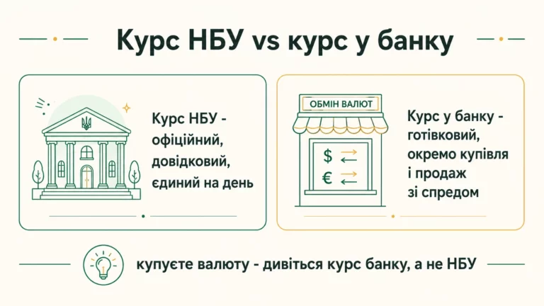Курс НБУ офіційний і довідковий, єдиний на день; курс у банку готівковий, окремо купівля і продаж зі спредом