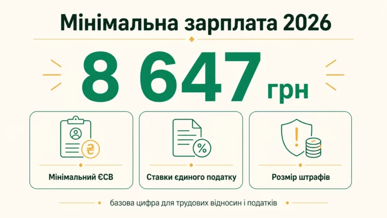 Мінімальна зарплата 2026 - 8647 грн; від неї залежать мінімальний ЄСВ, ставки єдиного податку та розмір штрафів
