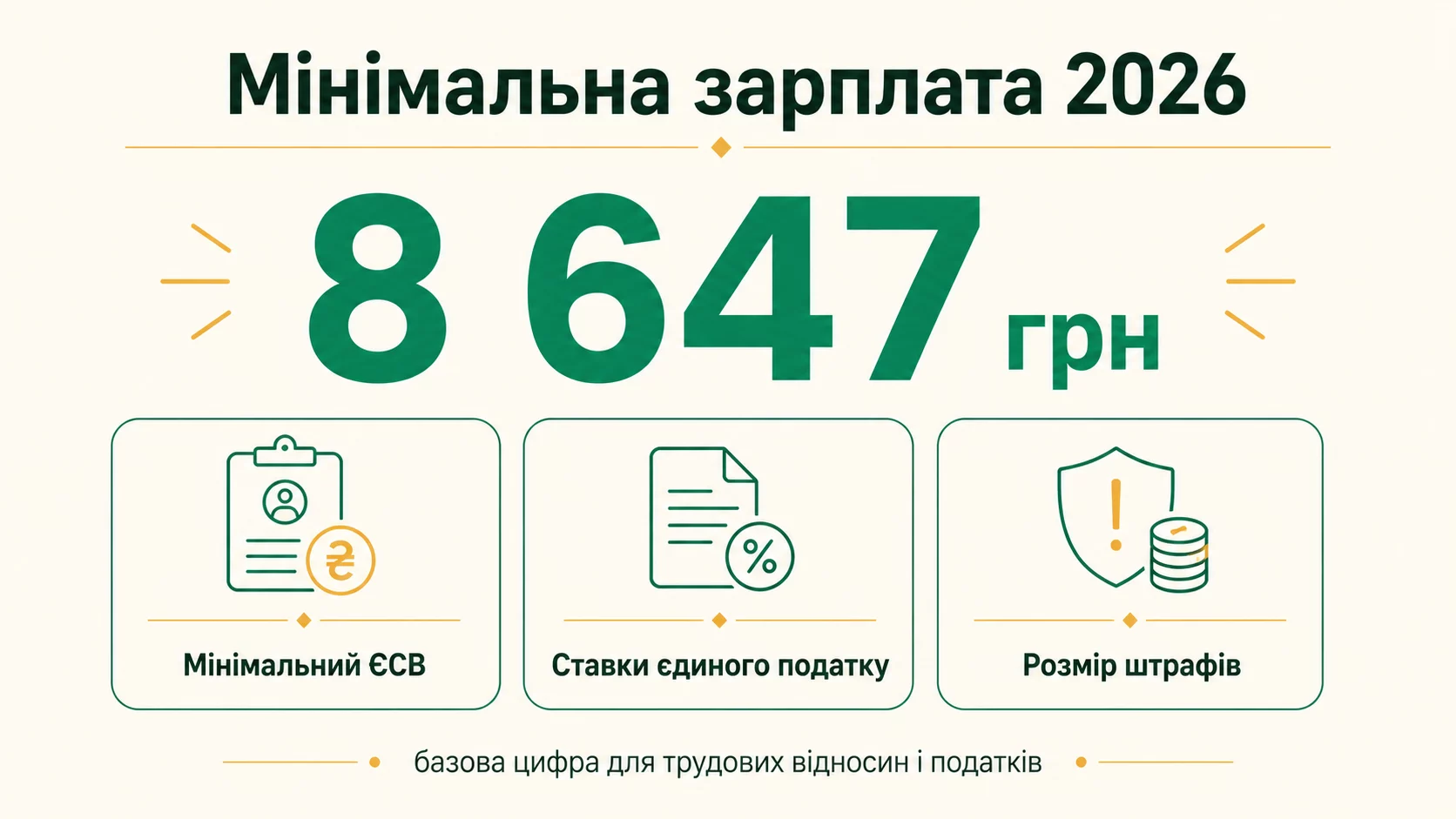 Минимальная зарплата 2026 - 8647 грн; от нее зависят минимальный ЕСВ, ставки единого налога и размер штрафов
