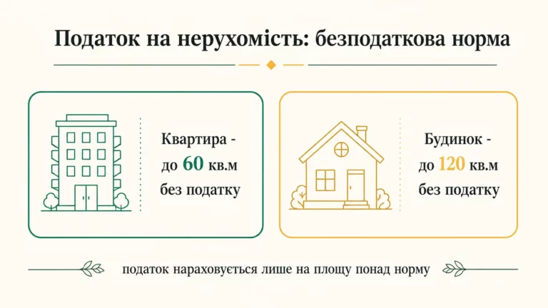 Безподаткова норма податку на нерухомість: квартира до 60 квадратних метрів і будинок до 120 квадратних метрів; податок лише на площу понад норму