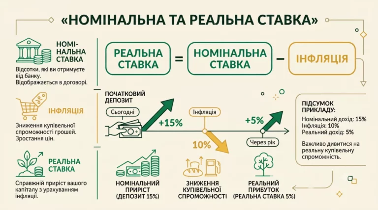 Номінальна та реальна процентна ставка: реальна дорівнює номінальній мінус інфляція