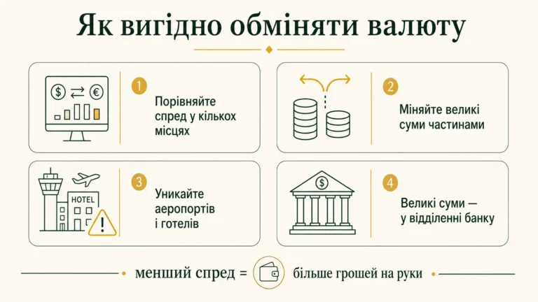 Чотири поради як вигідно обміняти валюту: порівняти спред, міняти частинами, уникати аеропортів і готелів, великі суми у відділенні