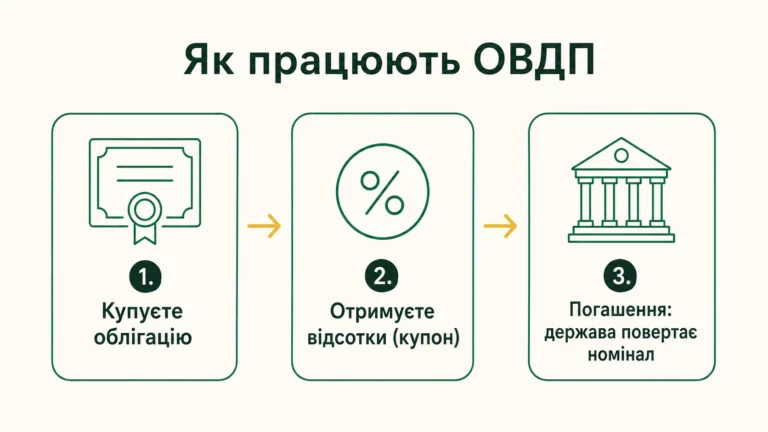 Як працюють ОВДП у три кроки: купівля облігації, отримання відсотків купоном, погашення з поверненням номіналу державою