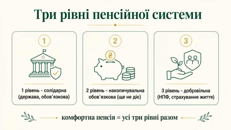 Три рівні пенсійної системи: солідарний обовязковий, накопичувальний обовязковий ще не діє, добровільний через НПФ і страхування життя