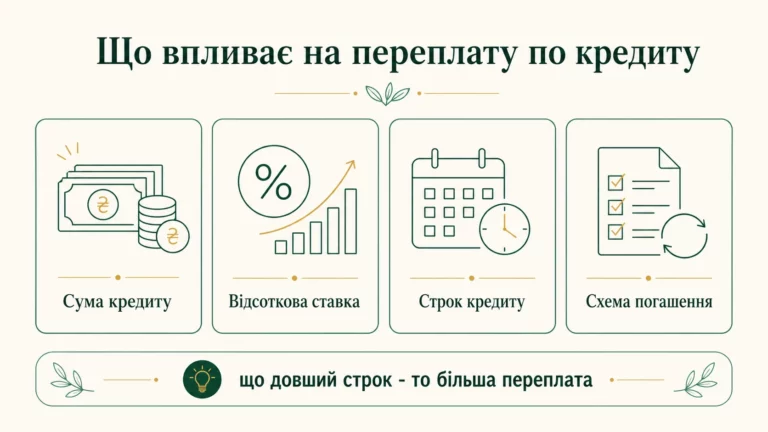 Що впливає на переплату по кредиту: сума, відсоткова ставка, строк і схема погашення; що довший строк, то більша переплата