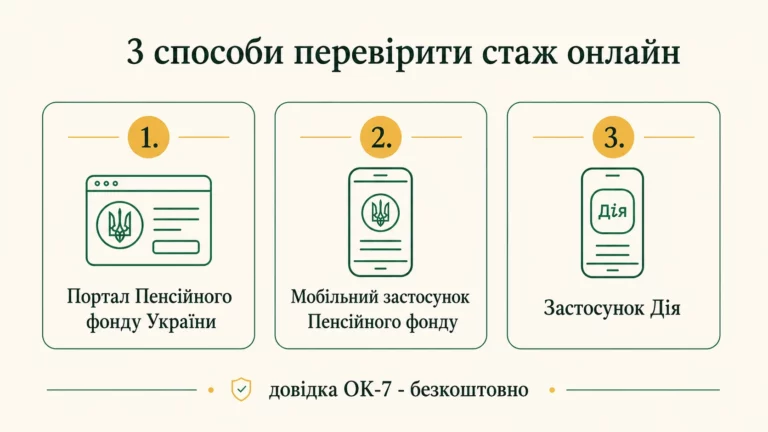 Три способи перевірити страховий стаж онлайн: портал Пенсійного фонду, мобільний застосунок ПФУ, застосунок Дія; довідка ОК-7 безкоштовна