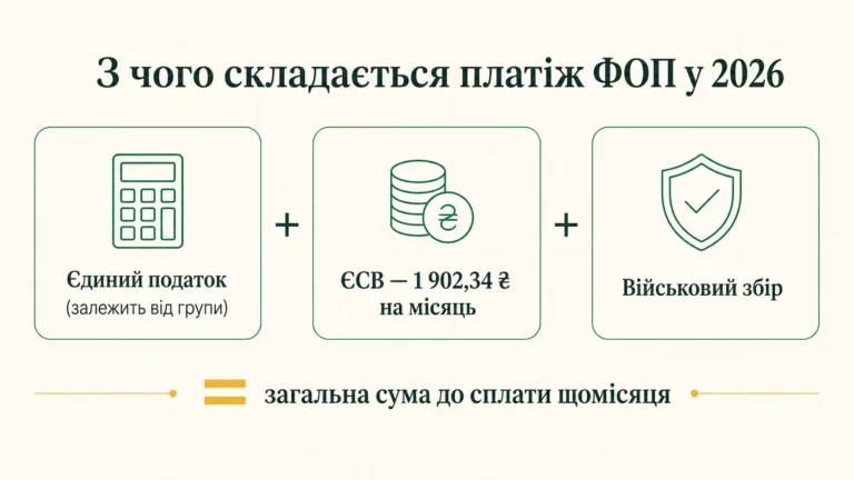 З чого складається платіж ФОП у 2026: єдиний податок, ЄСВ 1 902,34 грн на місяць та військовий збір