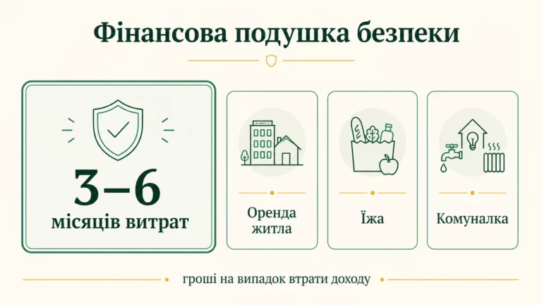 Фінансова подушка безпеки на 3-6 місяців витрат: оренда житла, їжа, комуналка, гроші на випадок втрати доходу
