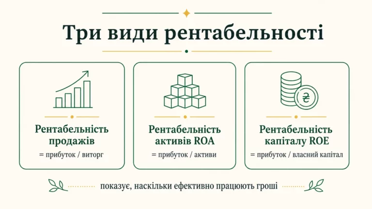 Три види рентабельності: продажів (прибуток поділити на виторг), активів ROA, капіталу ROE