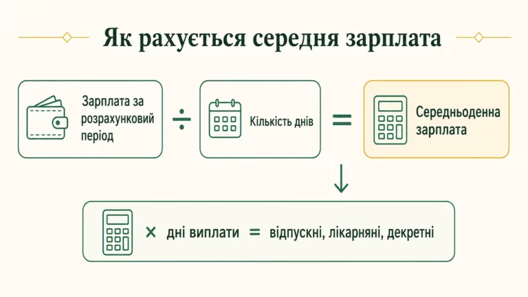 Формула середньої зарплати: зарплата за період поділена на кількість днів дає середньоденну для відпускних, лікарняних і декретних