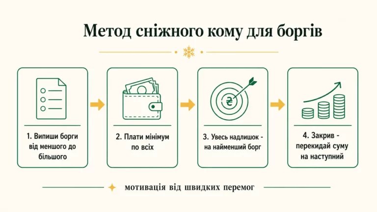 Метод сніжного кому: випиши борги від меншого до більшого, плати мінімум по всіх, надлишок на найменший, потім перекидай суму на наступний