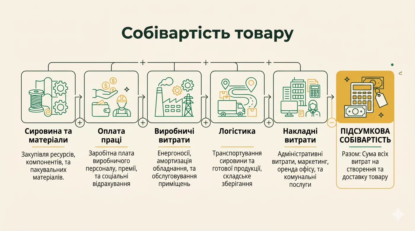 Составляющие себестоимости товара: сырье, оплата труда, производственные затраты, логистика, накладные расходы