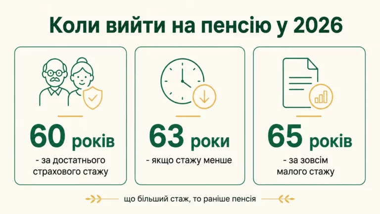 Вік виходу на пенсію у 2026 залежно від стажу: 60 років за достатнього стажу, 63 роки за меншого, 65 років за зовсім малого