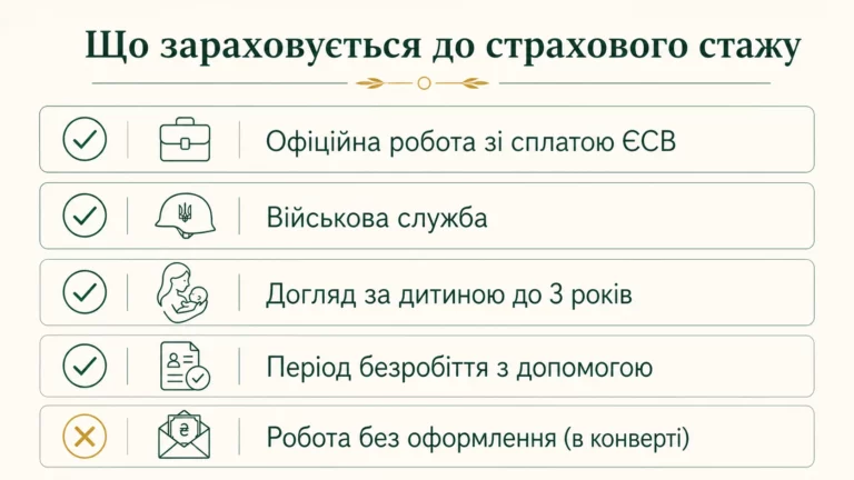 Що зараховується до страхового стажу: офіційна робота з ЄСВ, військова служба, догляд за дитиною до 3 років, безробіття з допомогою; робота в конверті не зараховується