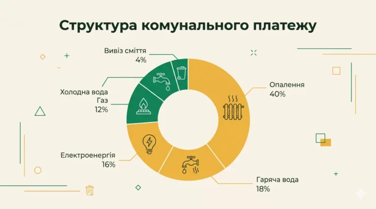 Структура комунального платежу: опалення, гаряча та холодна вода, газ, електроенергія, вивіз сміття