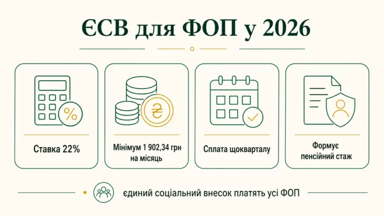 ЄСВ для ФОП у 2026: ставка 22 відсотки, мінімум 1 902,34 грн на місяць, сплата щокварталу, формує пенсійний стаж