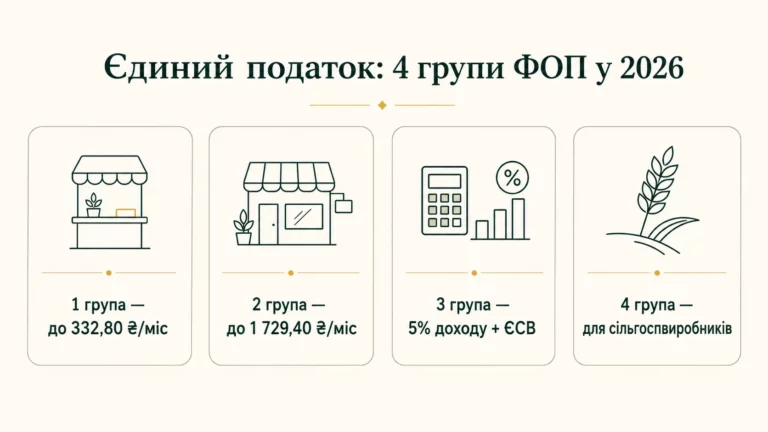 Чотири групи єдиного податку для ФОП у 2026: 1 група до 332,80 грн, 2 група до 1 729,40 грн, 3 група 5% доходу плюс ЄСВ, 4 група для сільгоспвиробників