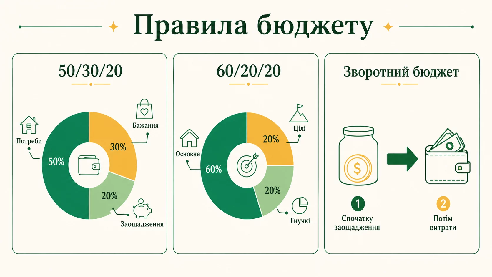Які ще є правила розподілу бюджету, крім 50/30/20 - інфографіка